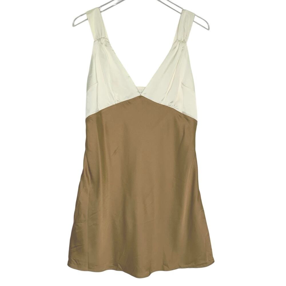 Abercrombie & Fitch Satin Mini Dress L Colorblock Cream Tan Deep V Adj. Straps